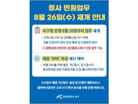 [크기변환]서구, 본청 민원업무 26일에 재개...태풍대 비 본관이외 음성판정 직원 25일 출근.png